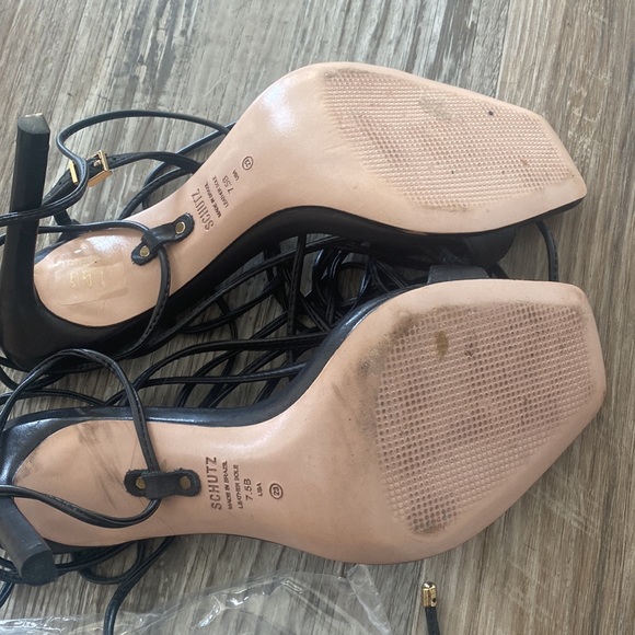 Schutz 3.9” Vikki Black Leather Strappy Lace Up Square Toe Stiletto Heel Sandals - Picture 7 of 7